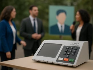 Urna eletrônica em local de votação no Distrito Federal durante eleições de 2026