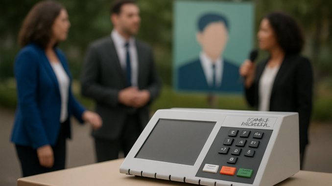 Urna eletrônica em local de votação no Distrito Federal durante eleições de 2026