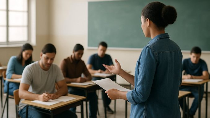 Professor em sala de aula de escola pública no Brasil
