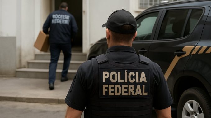 Agentes da Polícia Federal durante operação de busca e apreensão contra descaminho de eletrônicos