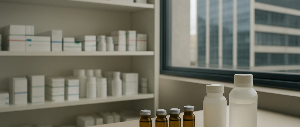 Frascos de medicamento injetável sobre bancada de laboratório
