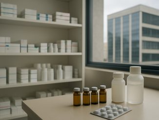 Frascos de medicamento injetável sobre bancada de laboratório