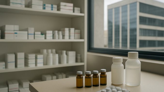 Frascos de medicamento injetável sobre bancada de laboratório