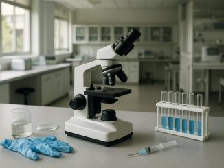 Pesquisador manipula frascos de vacina em laboratório