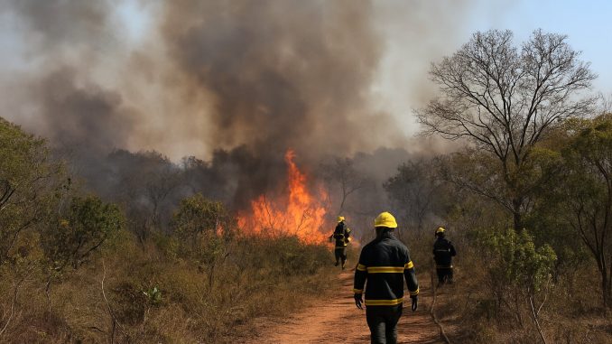 Fumaça e vegetação de Cerrado em incêndio na área de mata do Centro Olímpico da UnB, em Brasília