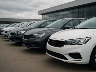 Carros novos estacionados em pátio de concessionária