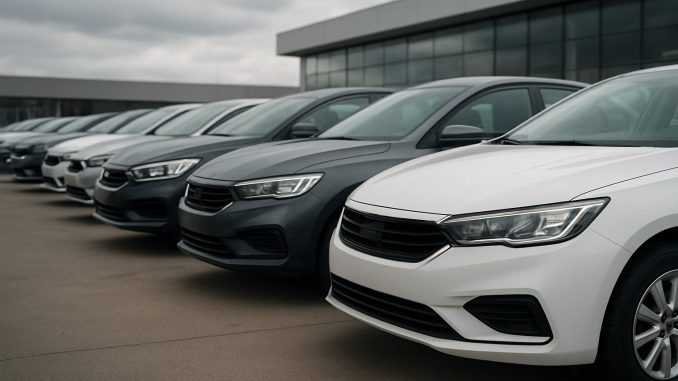 Carros novos estacionados em pátio de concessionária