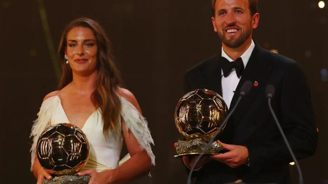 Harry Kane e Alexia Putellas com os troféus da Bola de Ouro 2026. Foto: Agência Brasil