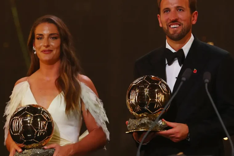 Harry Kane e Alexia Putellas com os troféus da Bola de Ouro 2026. Foto: Agência Brasil