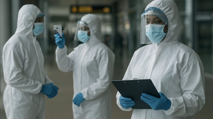Profissionais de saúde em triagem sanitária contra o ebola em Nairóbi, no Quênia