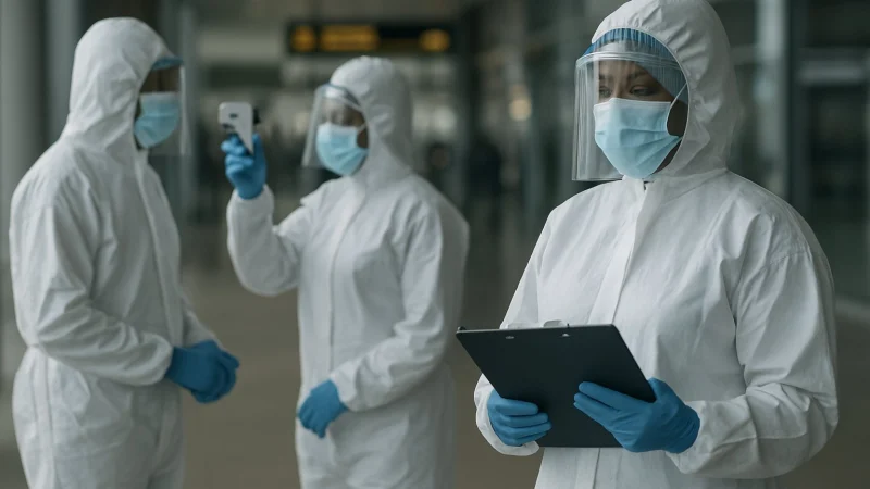 Profissionais de saúde em triagem sanitária contra o ebola em Nairóbi, no Quênia