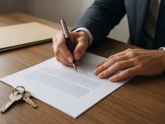 Documentos e caneta sobre mesa em cartório, usados em inventário